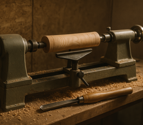 Tischdrechselbank mit Holzwerkstueck eingespannt in der Werkstatt